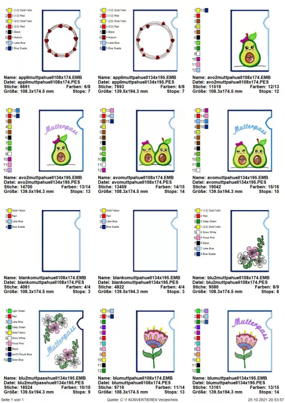 Stickdatei Set ITH Mutterpass-Hüllen für DE und AT + Einzelmotive, Übersicht mit 12 Dateien, 2 mal Blanko, 10 mal bestickt. Motive: 2 mal Herzchenkranz; 4 mal Avocado einzeln oder zu zweit, mit oder ohne Schriftzug "Mutterpass"; 1 mal Blüten/Blätter; 1 ma